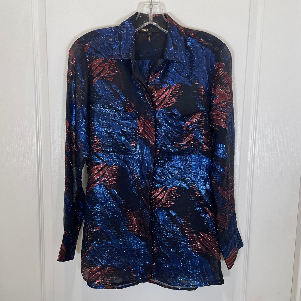 Maje Metallic Foil Leaf Print Shirt Silk Blend Blue Copper-Red Pockets Sheer 1 S